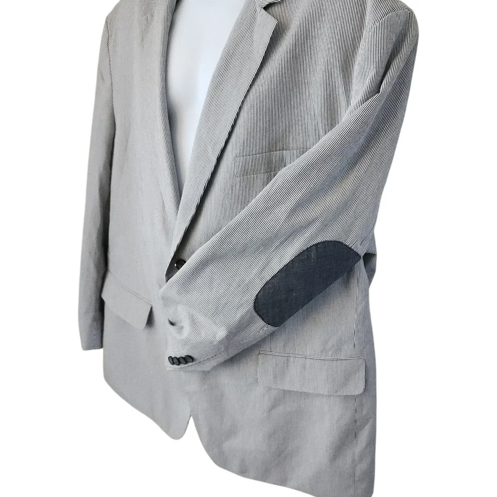 Tasso Elba Seersucker Elbow Patches Blazer Jacket Sz XXL 50-52 White Blue Stripe